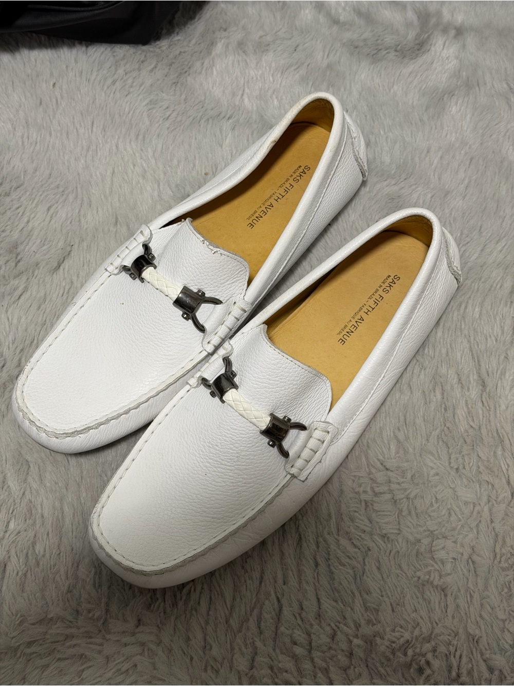 Saks Fifth Avenue White Leather Braided Bit Loafers
